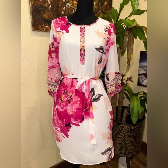 EUC FIG & FLOWER Anthropology Pink  Floral Print Top 3/4 Sleeve Sz S - Picture 1 of 12